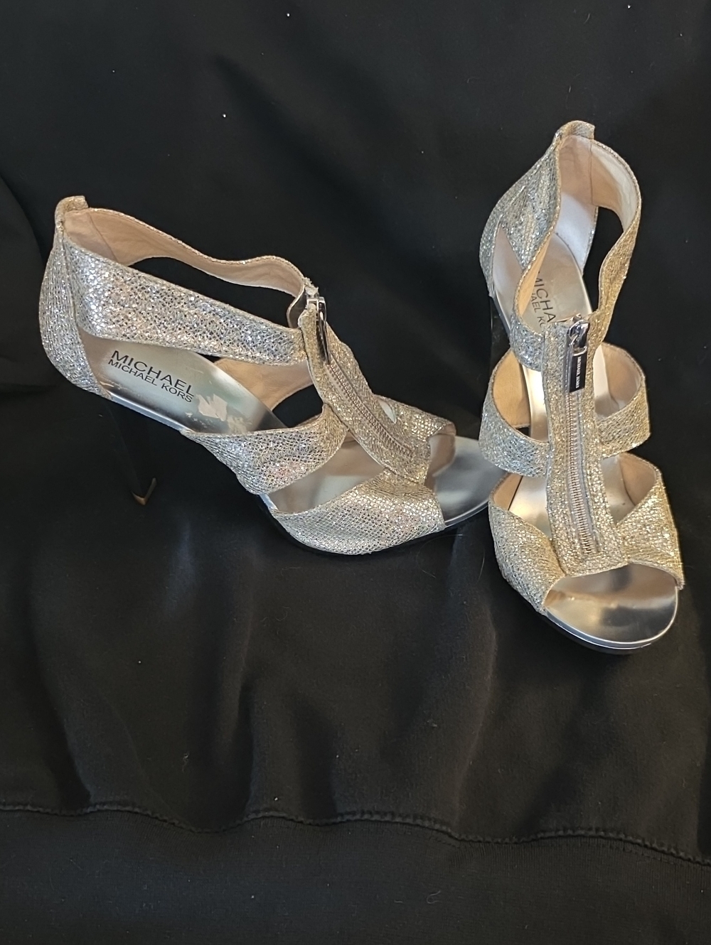 MICHAEL Michael Kors Silver Glitter T-Strap High Heels